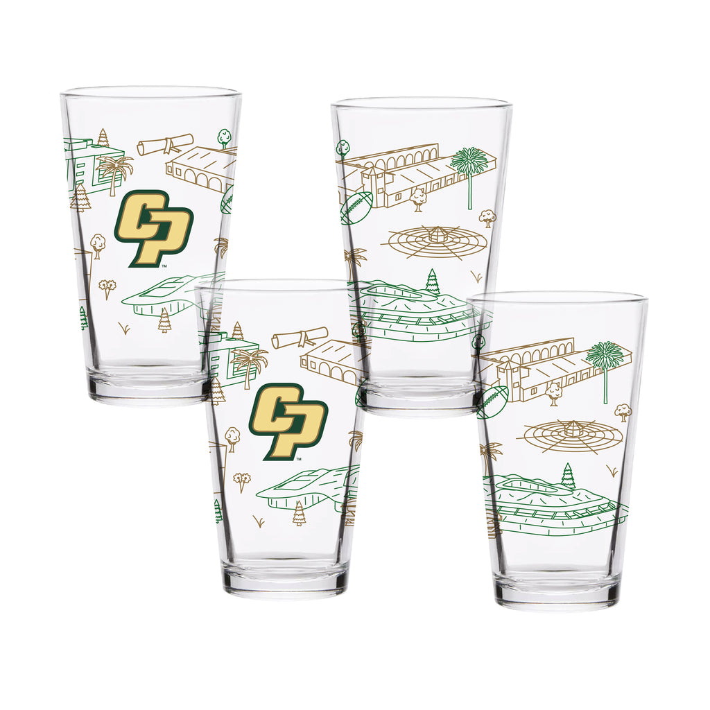 Set of 4 Cal Poly Mustangs Campus Line Art 16oz Pints