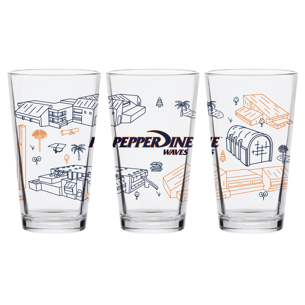 Set of 2 Pepperdine Waves Campus Line Art 16oz Pints