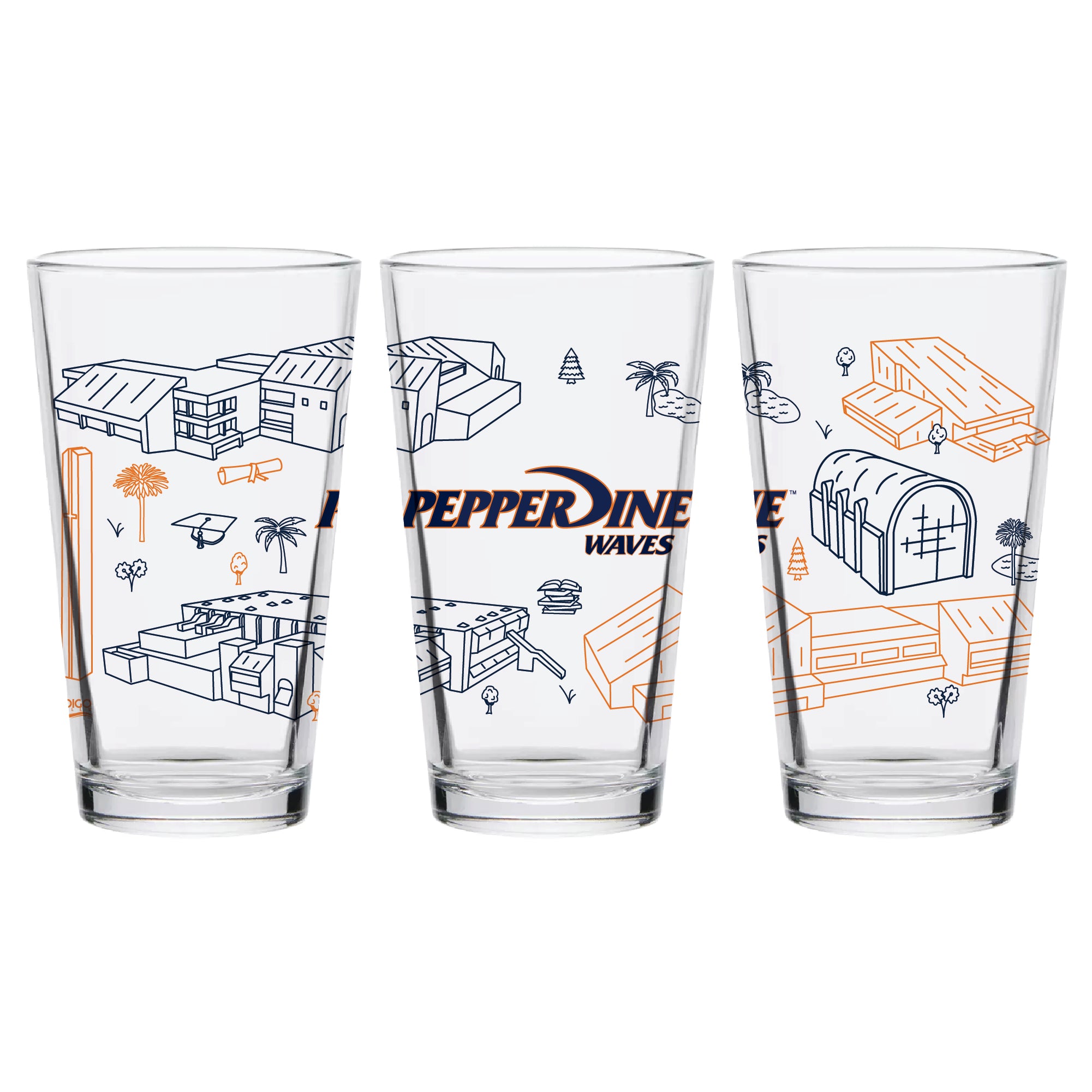 Set of 2 Pepperdine Waves Campus Line Art 16oz Pints