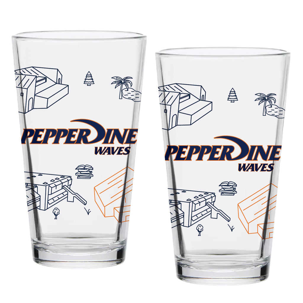 Set of 2 Pepperdine Waves Campus Line Art 16oz Pints