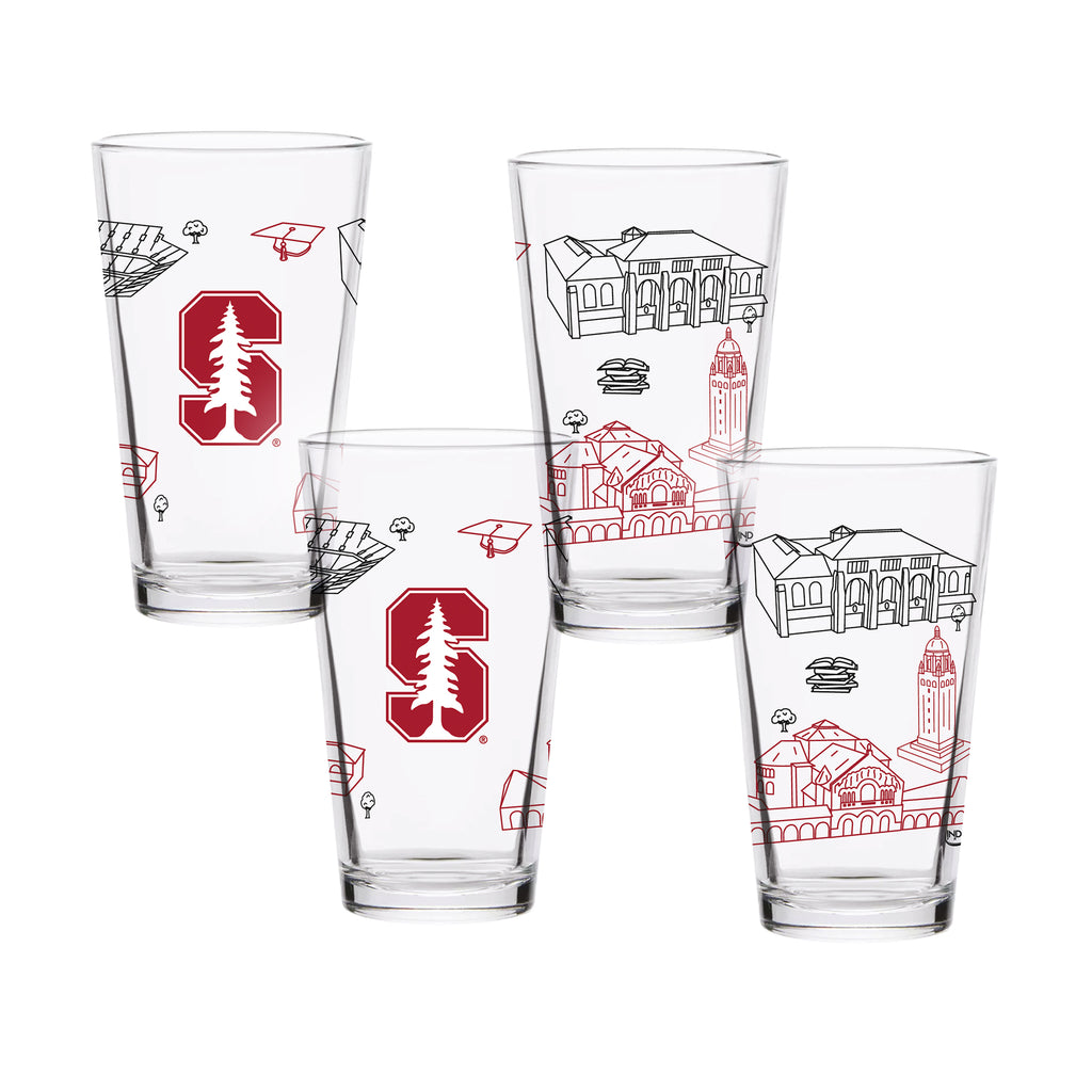 Set of 4 Stanford Cardinal Campus Line Art 16oz Pints