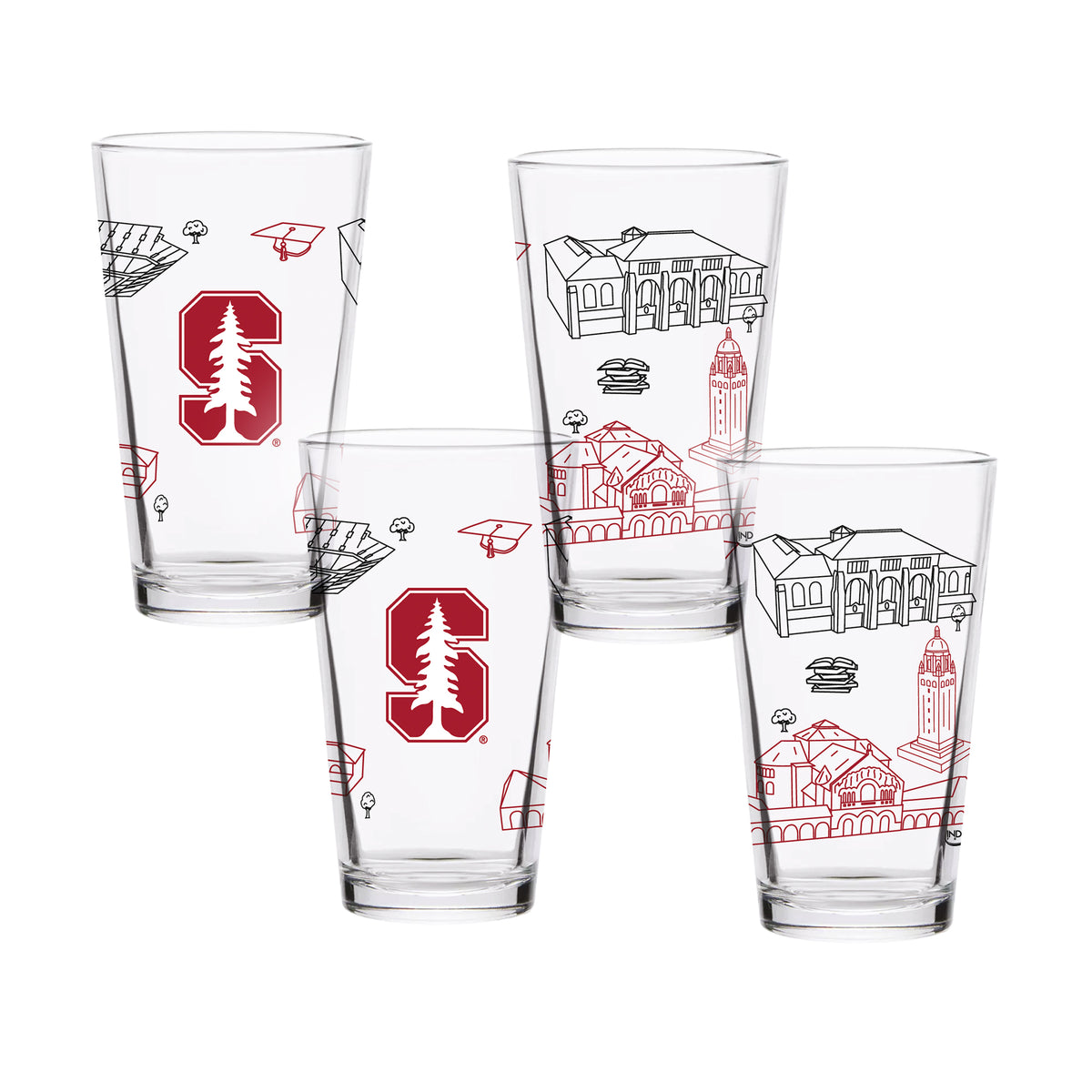 Set of 4 Stanford Cardinal Campus Line Art 16oz Pints