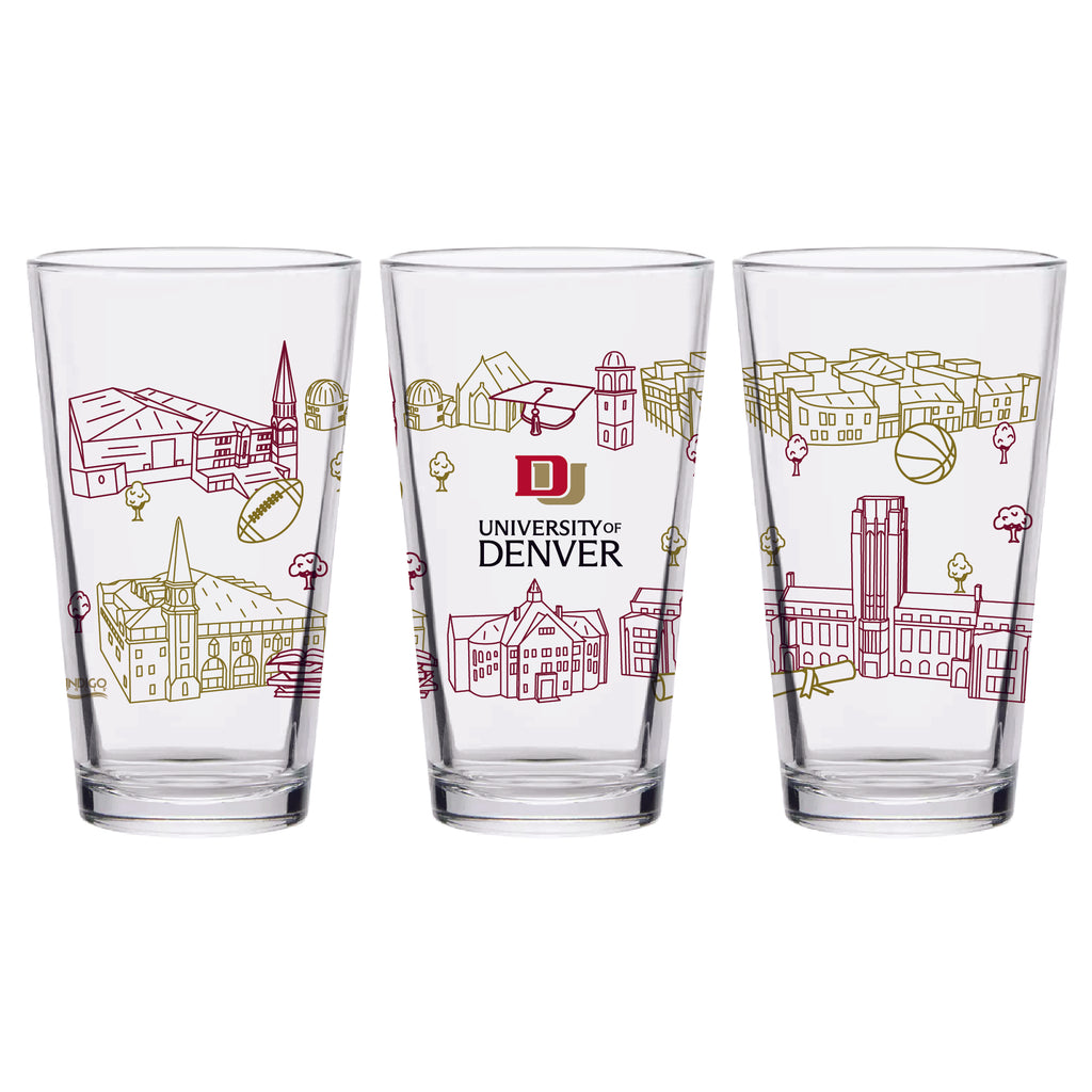 Set of 2 Denver Pioneers Campus Line Art 16oz Pints