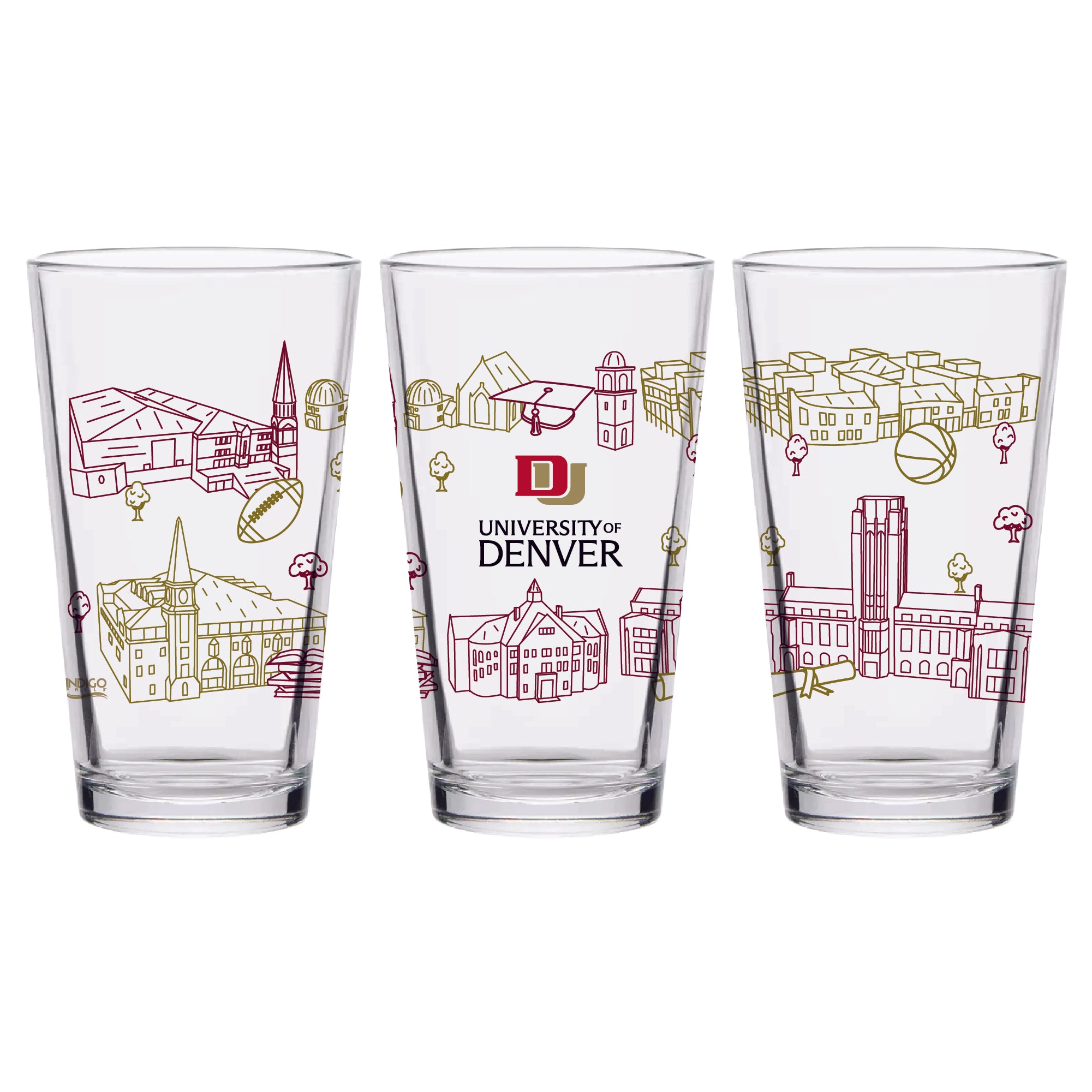Set of 2 Denver Pioneers Campus Line Art 16oz Pints
