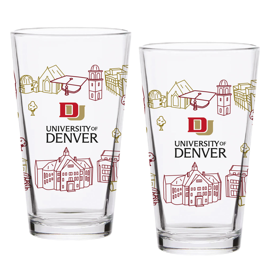 Set of 2 Denver Pioneers Campus Line Art 16oz Pints