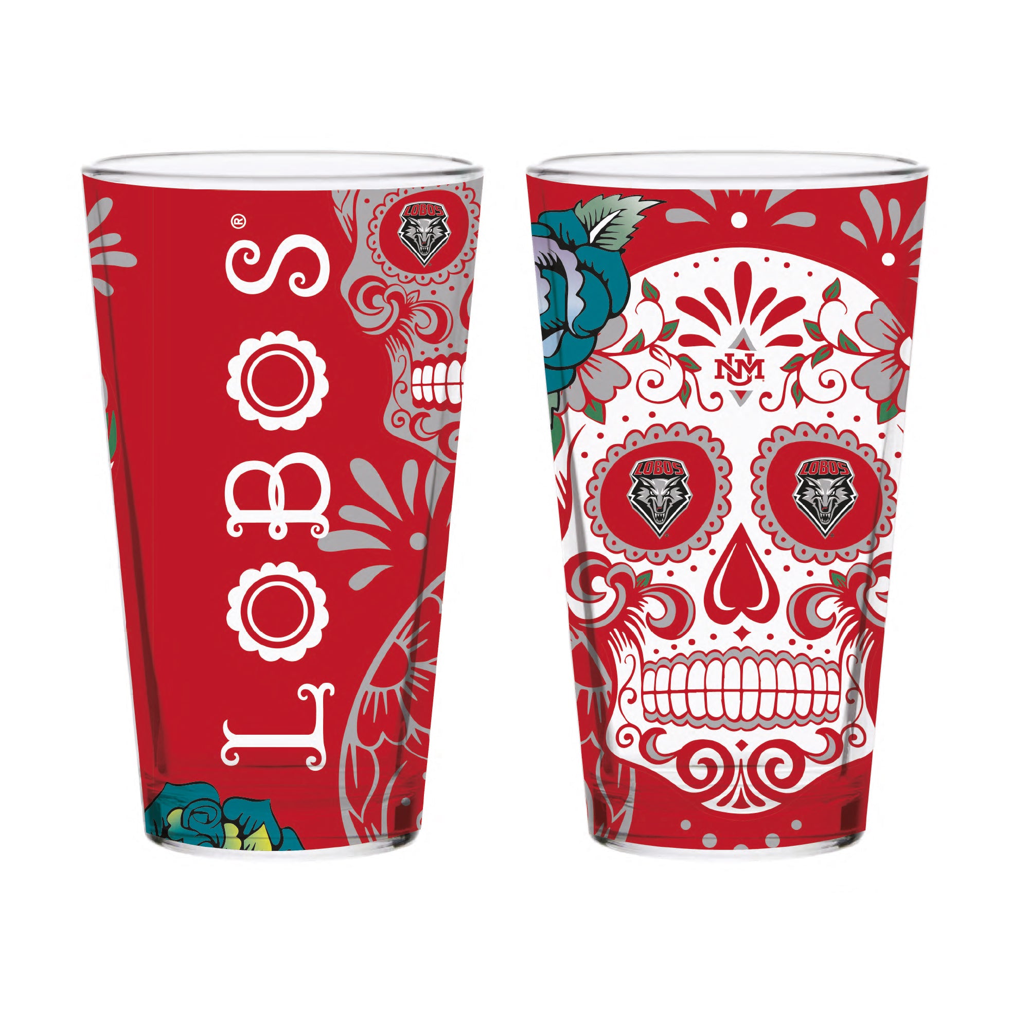 Set of 4 New Mexico Lobos Dia de los Muertos Pint Glasses