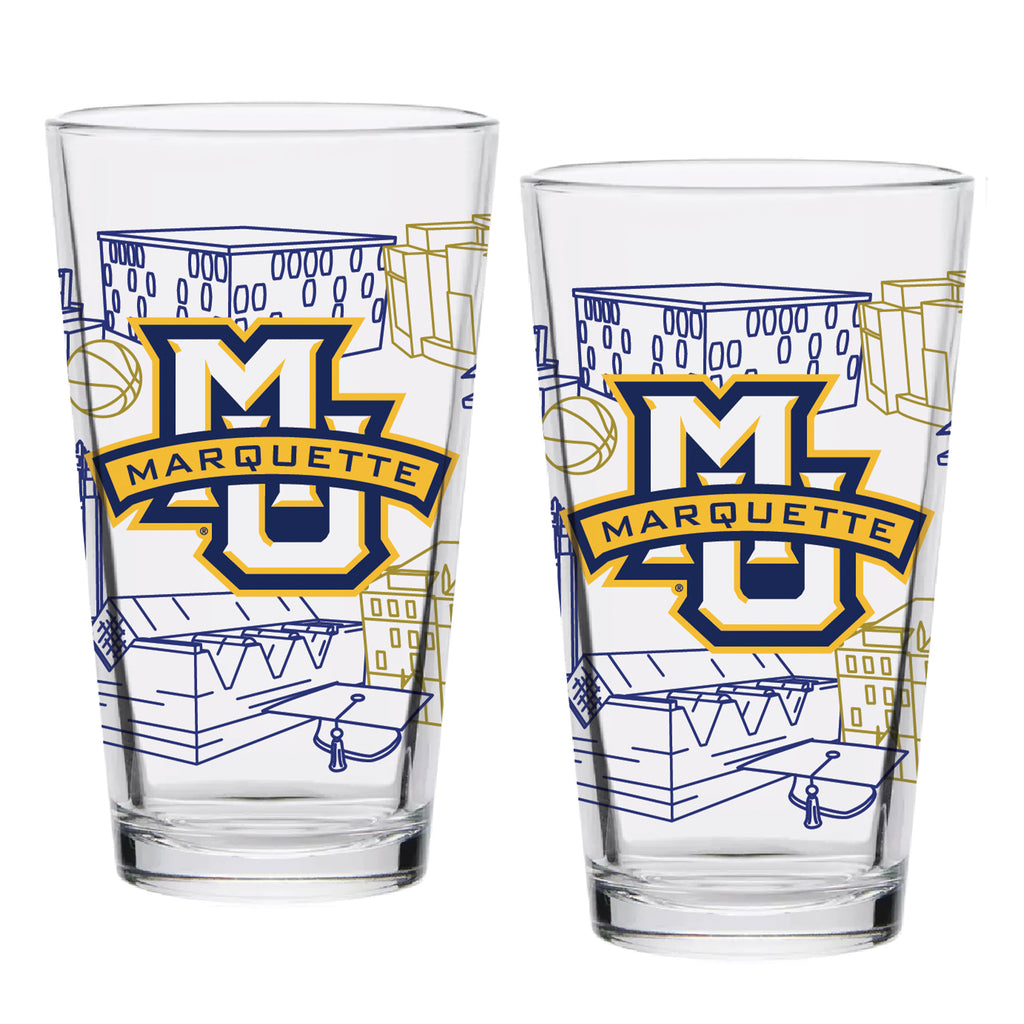 Set of 2 Marquette Golden Eagles Campus Line Art 16oz Pints