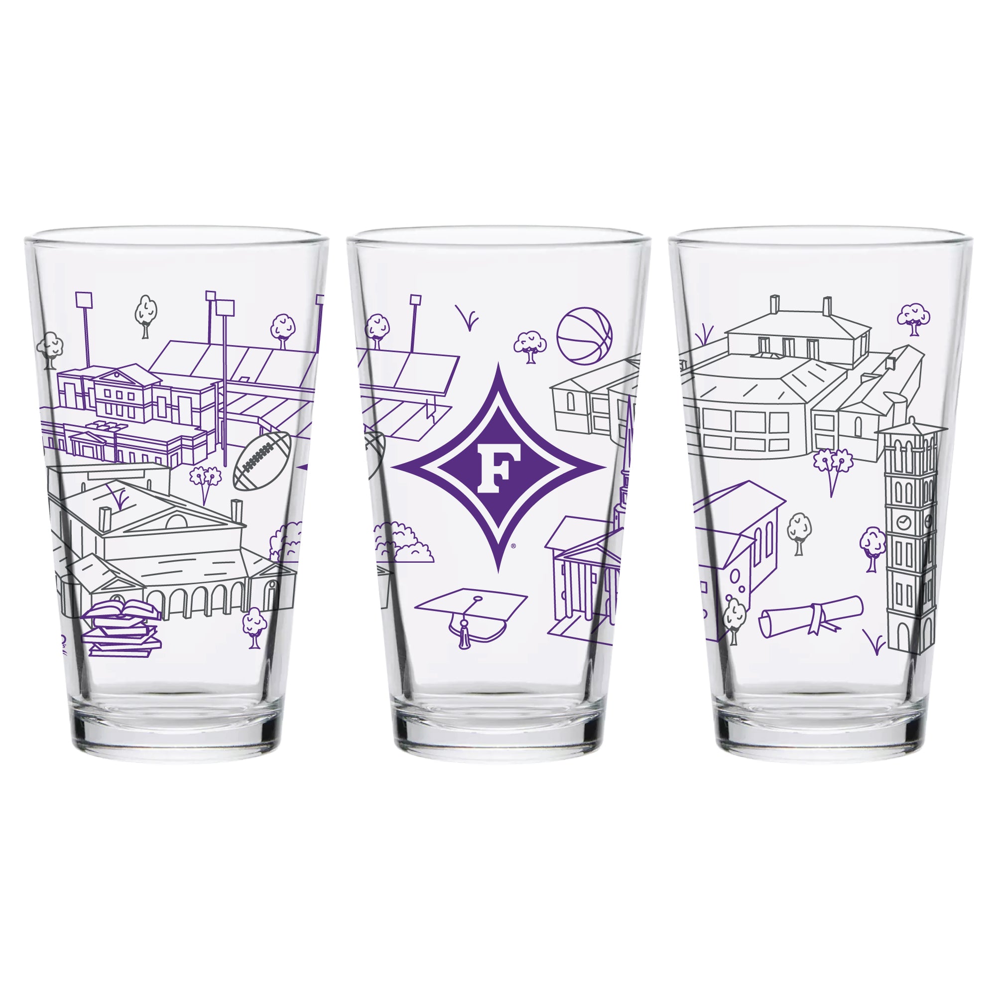 Set of 2 Furman Paladins Campus Line Art 16oz Pints