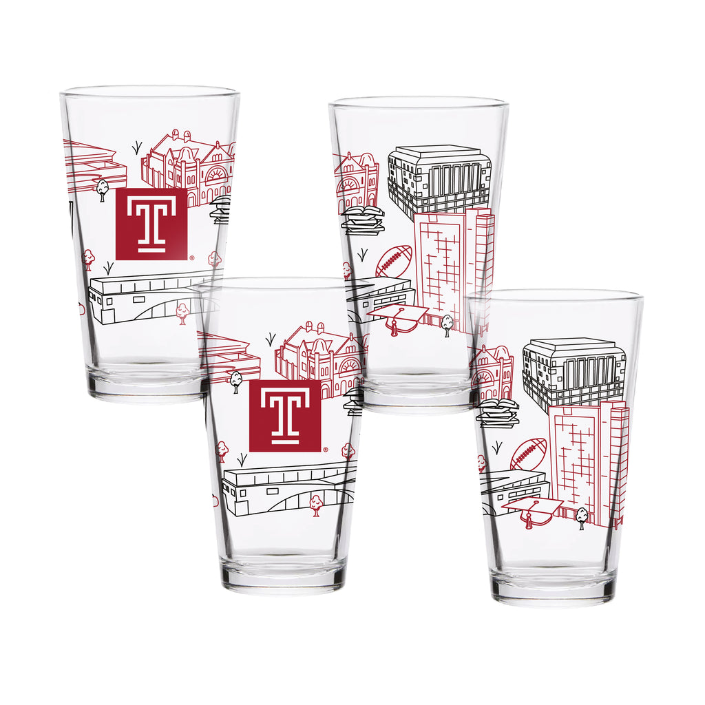 Set of 4 Temple Owls Campus Line Art 16oz Pints
