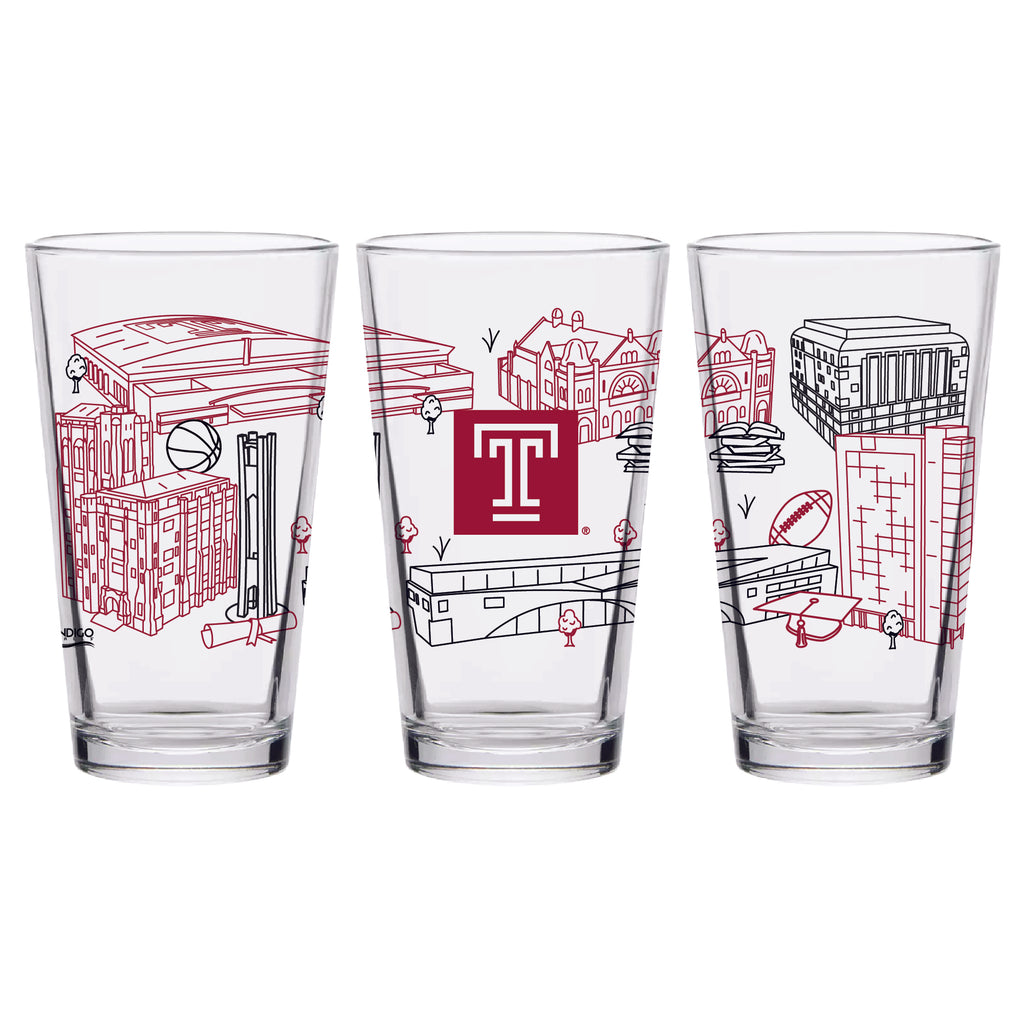 Set of 2 Temple Owls Campus Line Art 16oz Pints