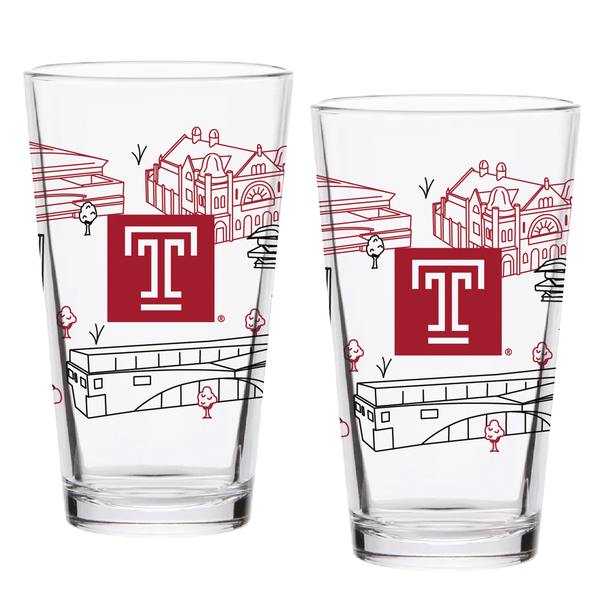 Set of 2 Temple Owls Campus Line Art 16oz Pints