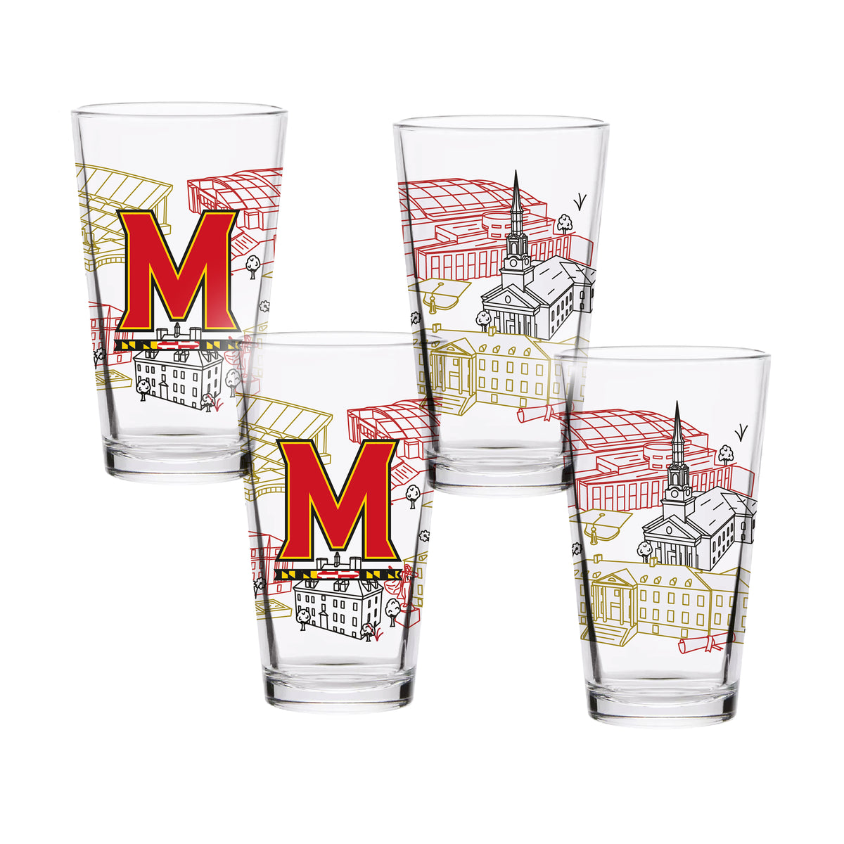 Set of 4 Maryland Terrapins Campus Line Art 16oz Pints