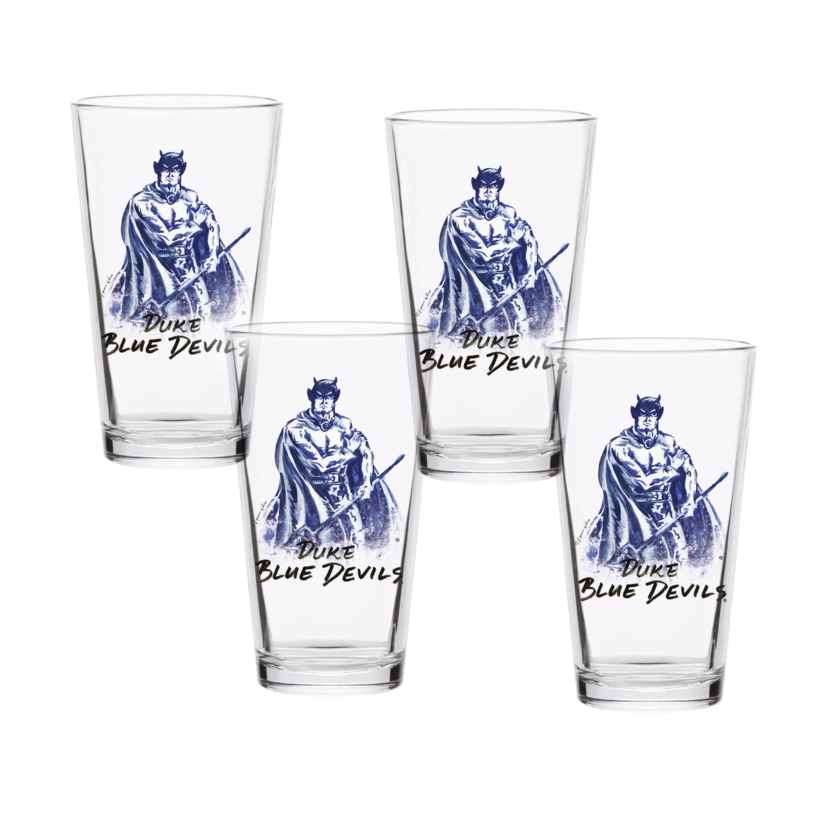 Set of 4 Duke Blue Devils Mascot by Laura Wilcox 16oz Pint Glasses