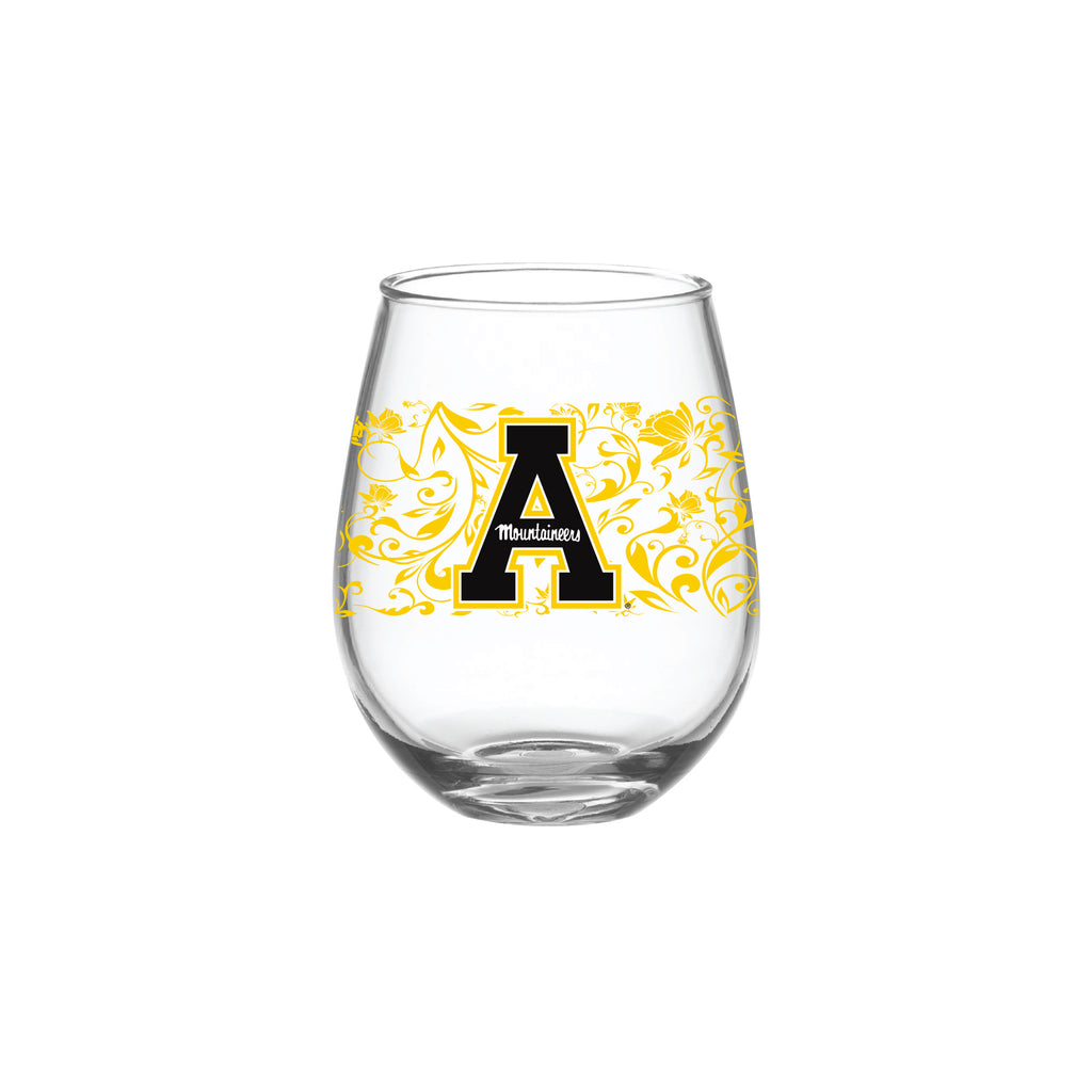 Set of 2 App State Mountaineers 15oz Floral Stemless Wine Glass