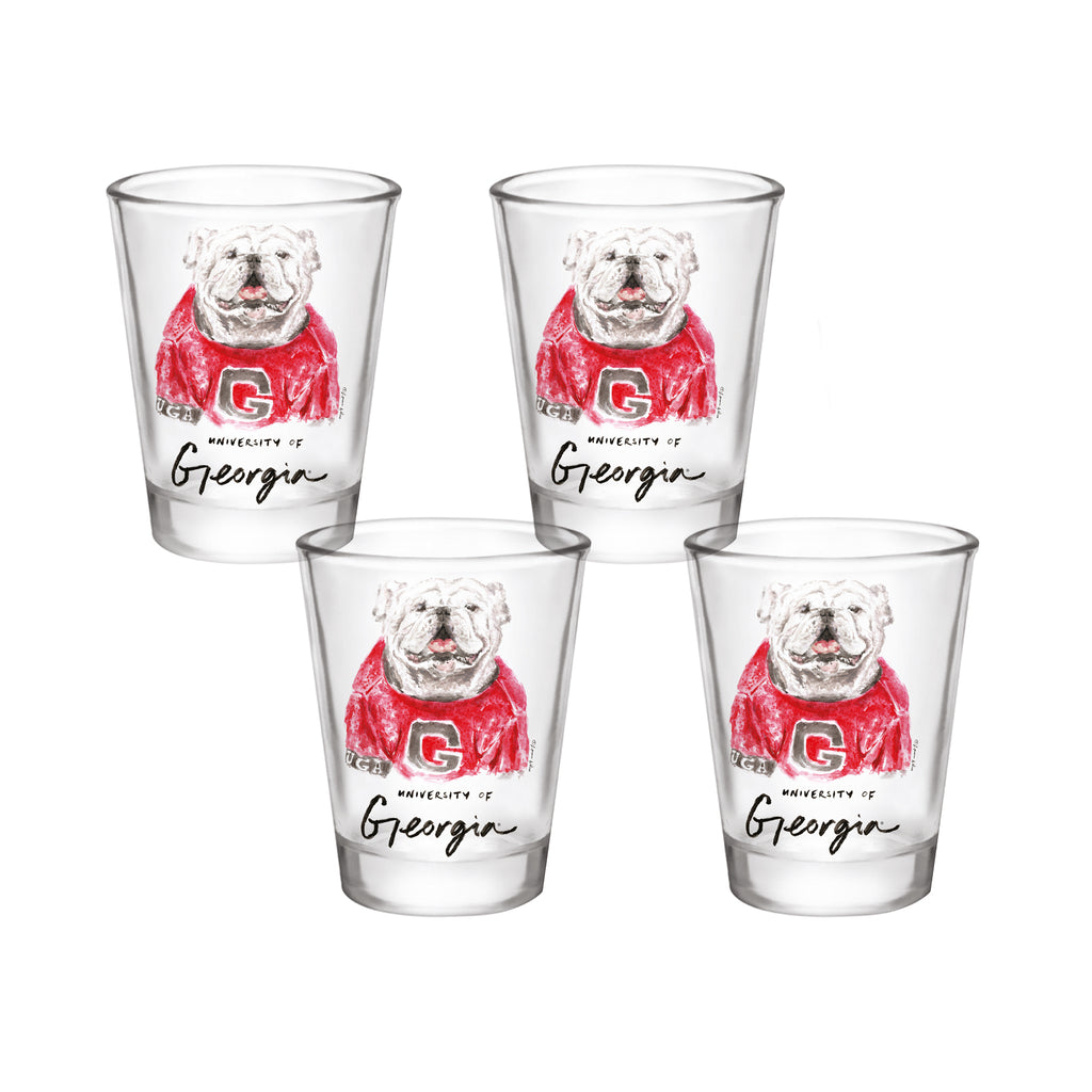 Set of 4 Georgia Bulldogs Mascot by Laura Wilcox 2oz Collector Shot Glasses