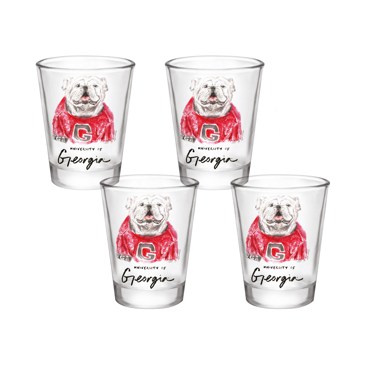 Set of 4 Georgia Bulldogs Mascot by Laura Wilcox 2oz Collector Shot Glasses