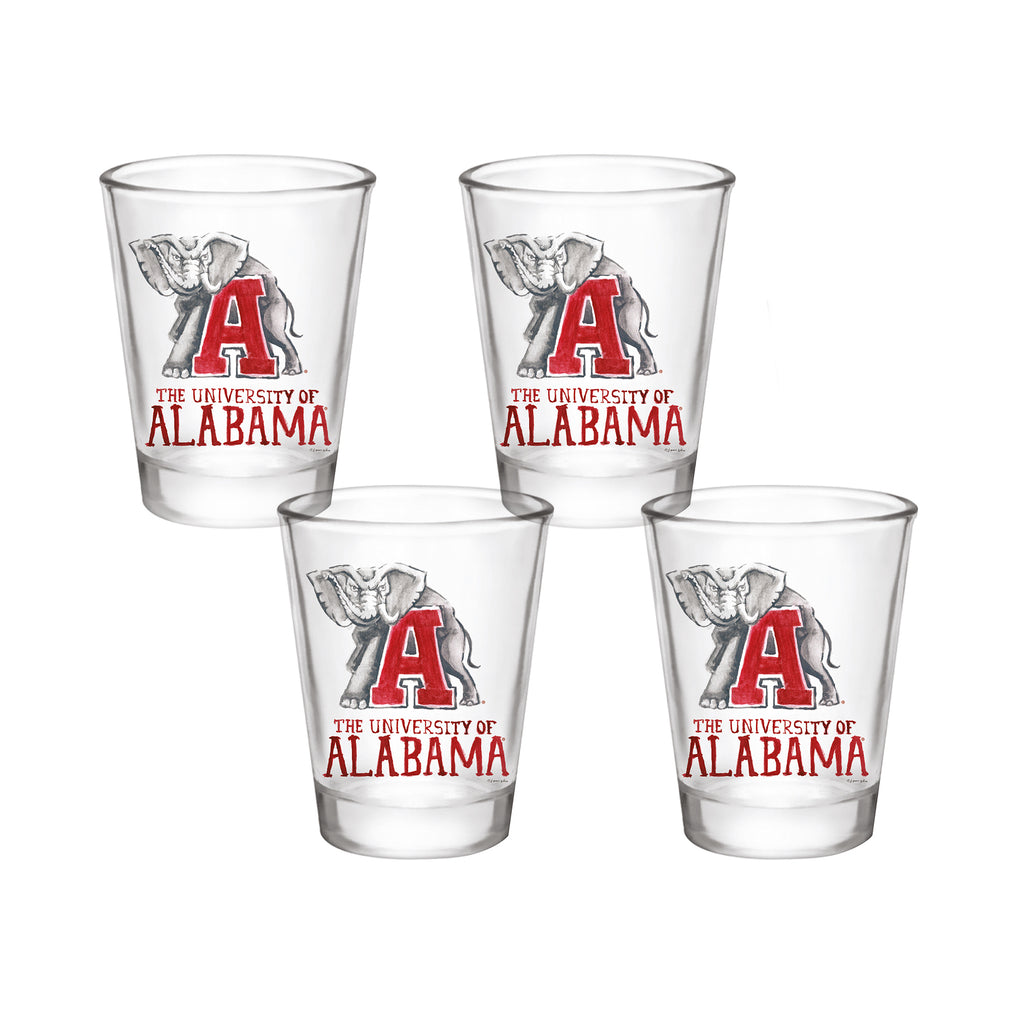 Set of 4 Alabama Crimson Tide Mascot by Laura Wilcox 2oz Collector Shot Glasses
