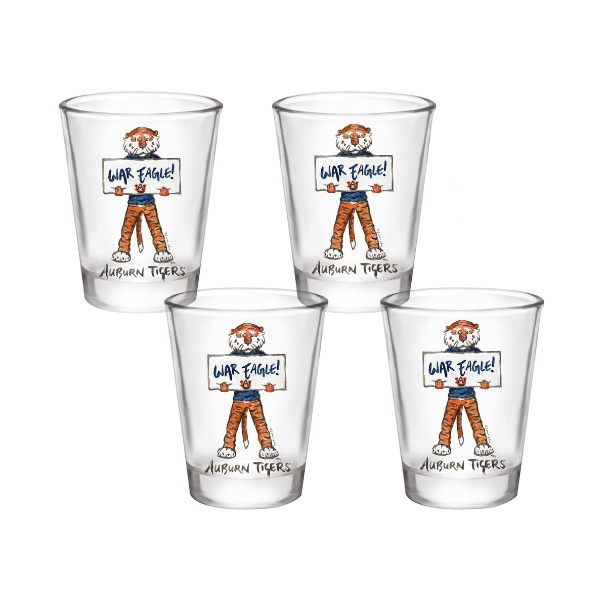 Set of 4 Auburn Tigers Mascot by Laura Wilcox 2oz Collector Shot Glasses
