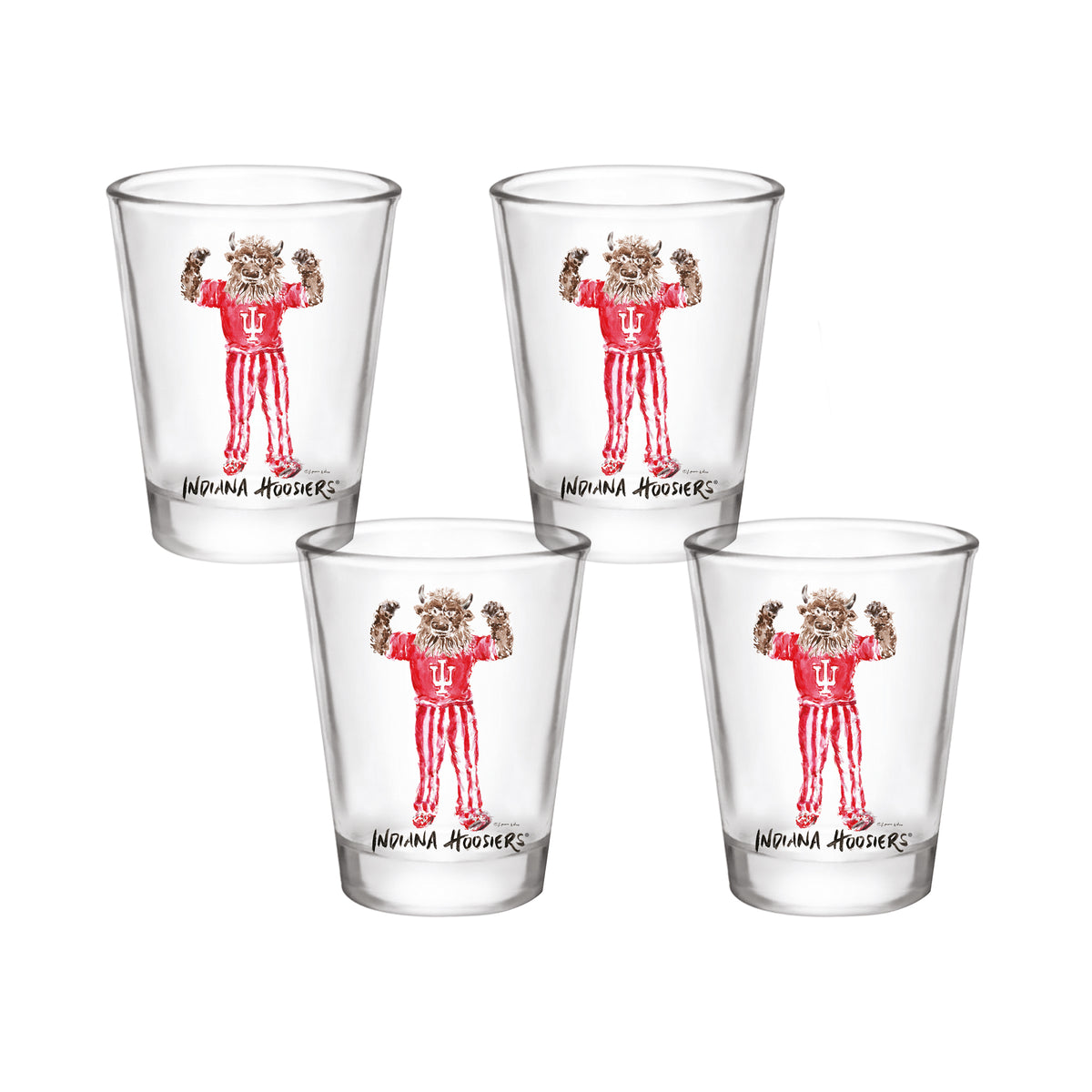 Set of 4 Indiana Hoosiers Mascot by Laura Wilcox 2oz Collector Shot Glasses