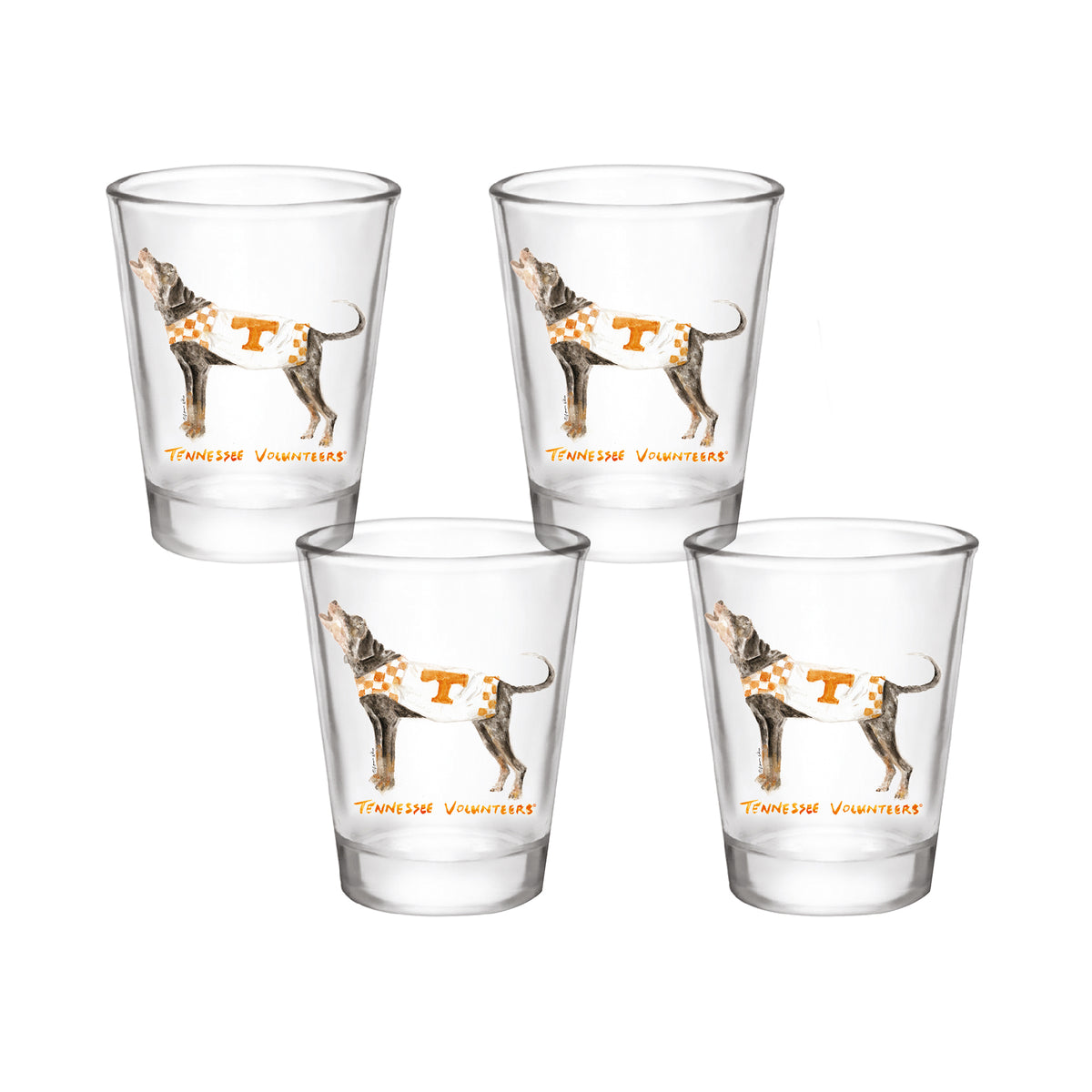Set of 4 Tennessee Volunteers Mascot by Laura Wilcox 2oz Collector Shot Glasses