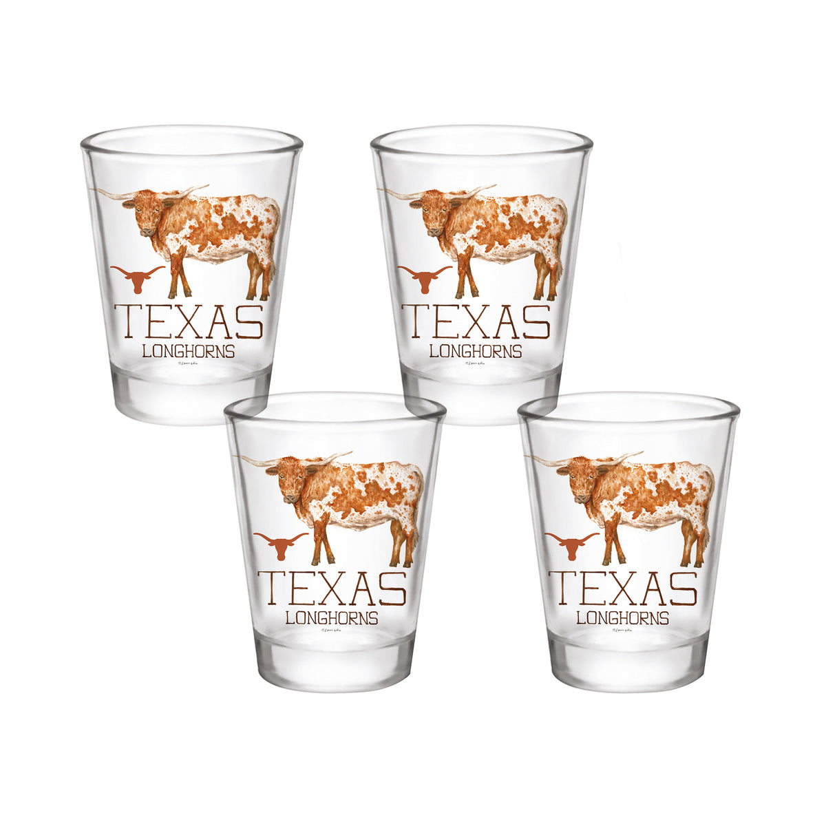 Set of 4 Texas Longhorns Mascot by Laura Wilcox 2oz Collector Shot Glasses