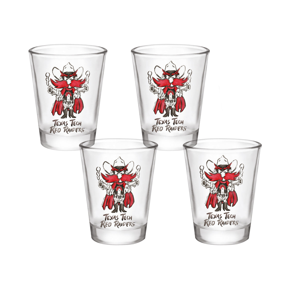 Set of 4 Texas Tech Red Raiders Mascot by Laura Wilcox 2oz Collector Shot Glasses