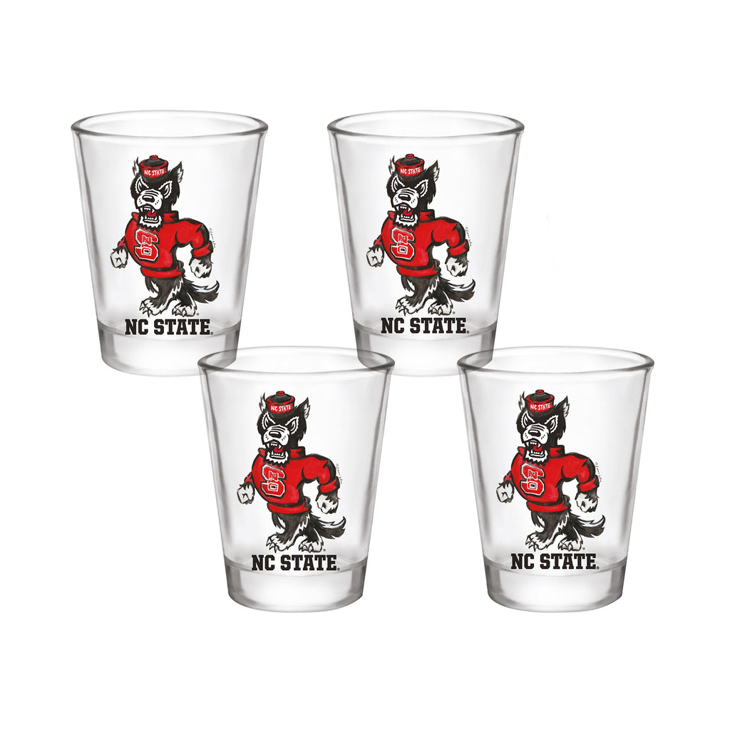 Set of 4 NC State Wolfpack Mascot by Laura Wilcox 2oz Collector Shot Glasses