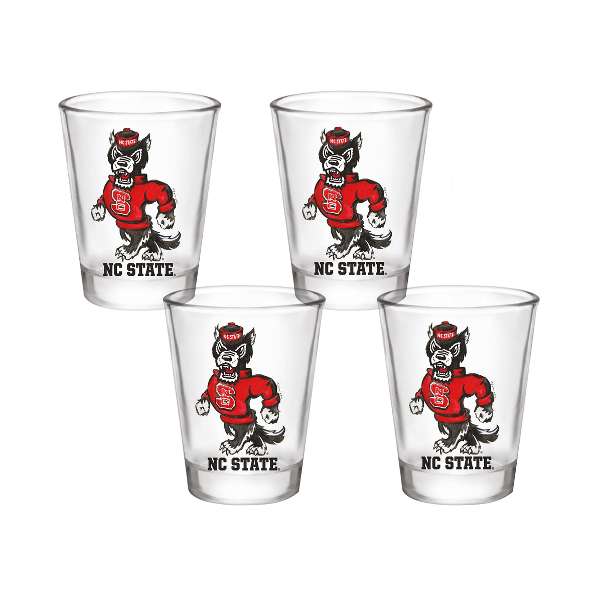 Set of 4 NC State Wolfpack Mascot by Laura Wilcox 2oz Collector Shot Glasses