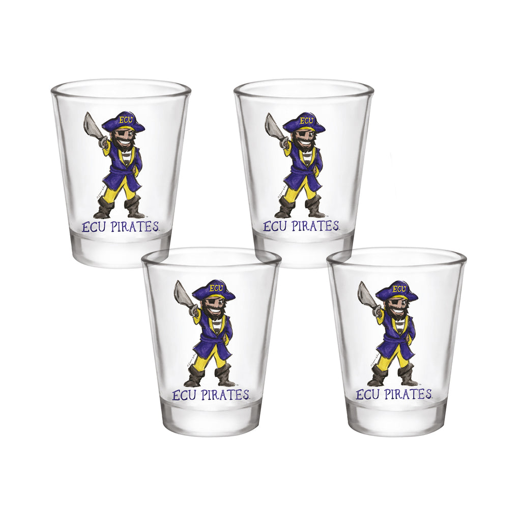 Set of 4 East Carolina Pirates Mascot by Laura Wilcox 2oz Collector Shot Glasses
