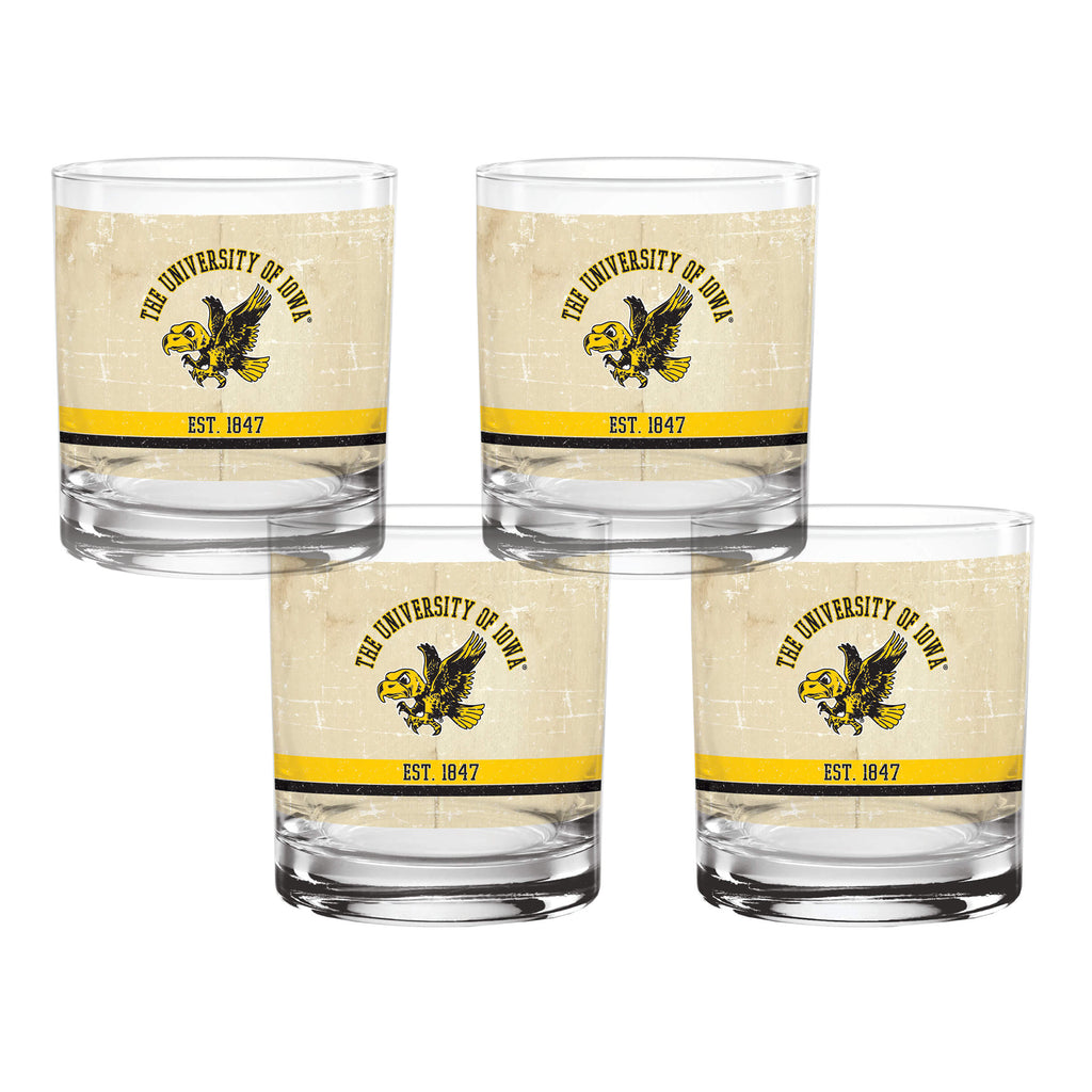 Set of 4 Iowa Hawkeyes College Vault Tan Retro 14oz Rocks Glasses