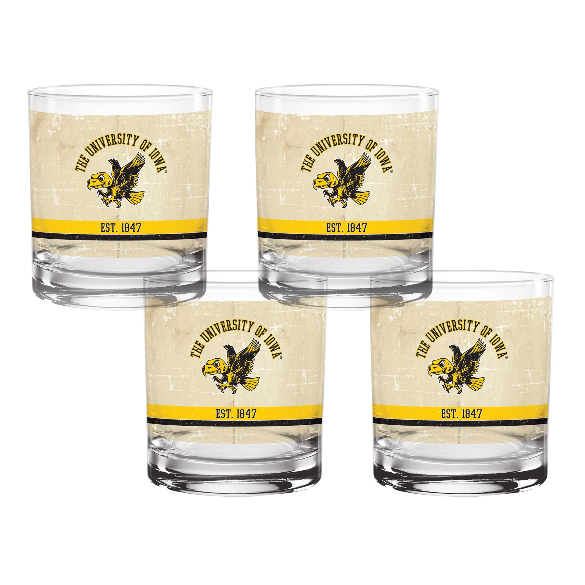 Set of 4 Iowa Hawkeyes College Vault Tan Retro 14oz Rocks Glasses