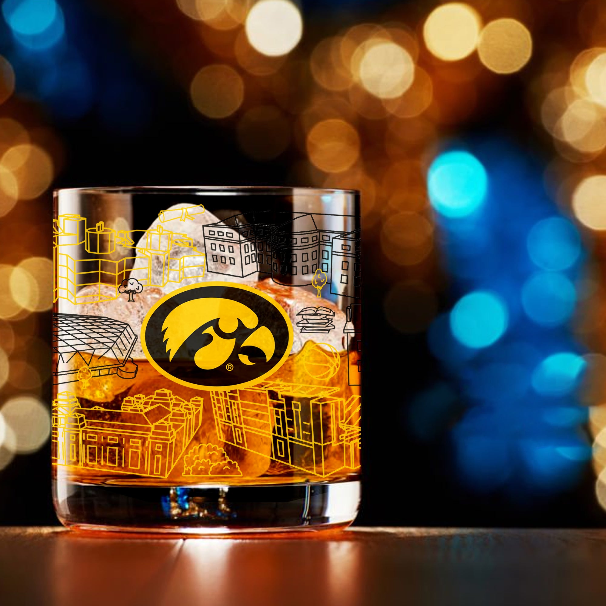 Set of 4 Iowa Hawkeyes Campus Line Art 14oz Rocks Glasses