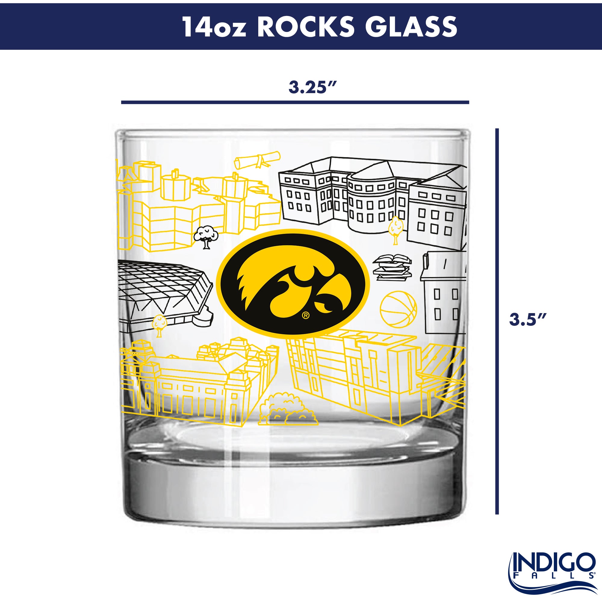 Set of 4 Iowa Hawkeyes Campus Line Art 14oz Rocks Glasses