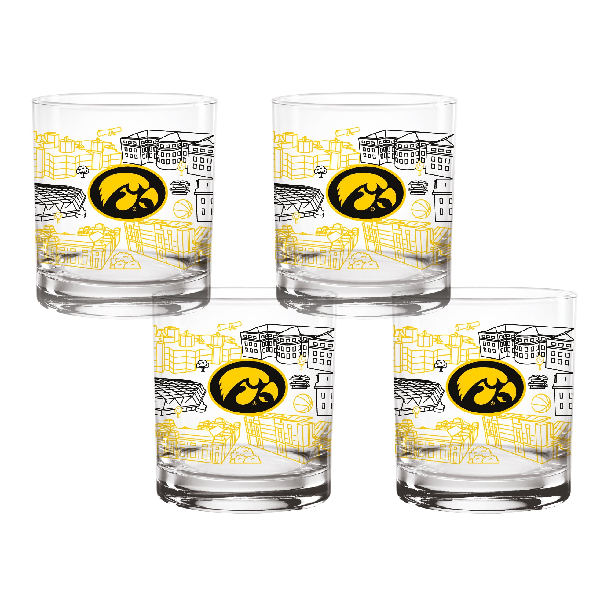 Set of 4 Iowa Hawkeyes Campus Line Art 14oz Rocks Glasses