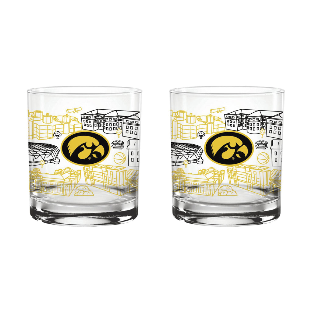 Set of 2 Iowa Hawkeyes Campus Line Art 14oz Rocks Glasses
