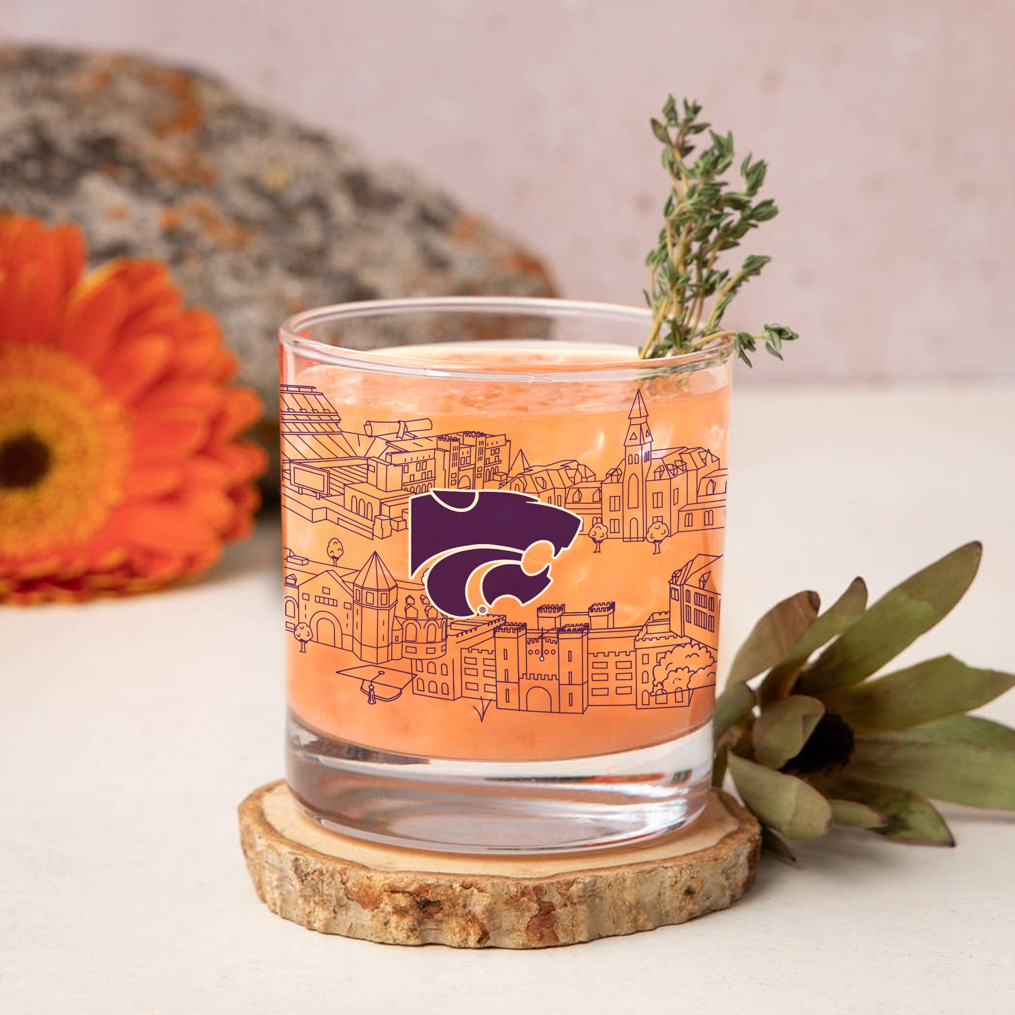 Set of 4 Kansas State Wildcats Campus Line Art 14oz Rocks Glasses