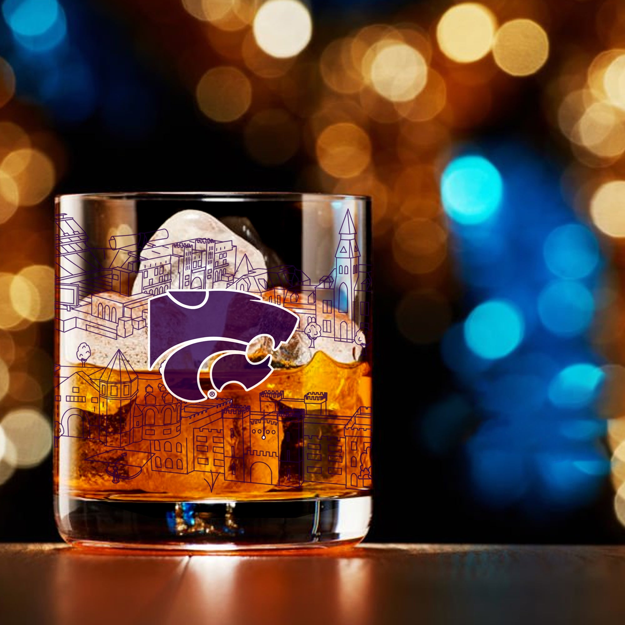 Set of 4 Kansas State Wildcats Campus Line Art 14oz Rocks Glasses