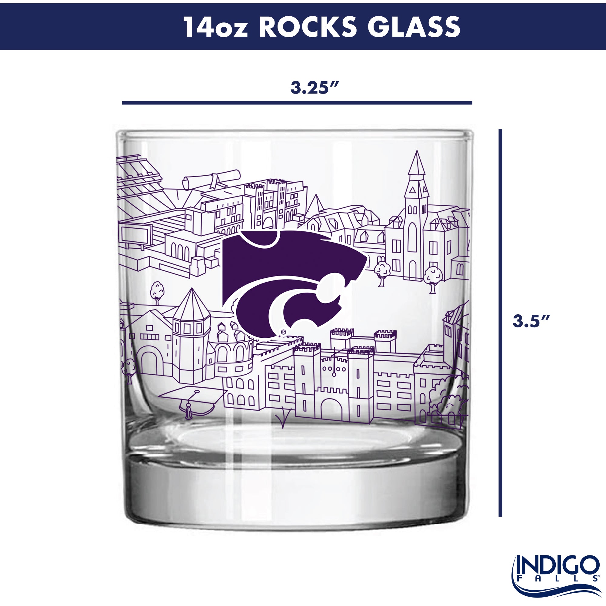 Set of 4 Kansas State Wildcats Campus Line Art 14oz Rocks Glasses