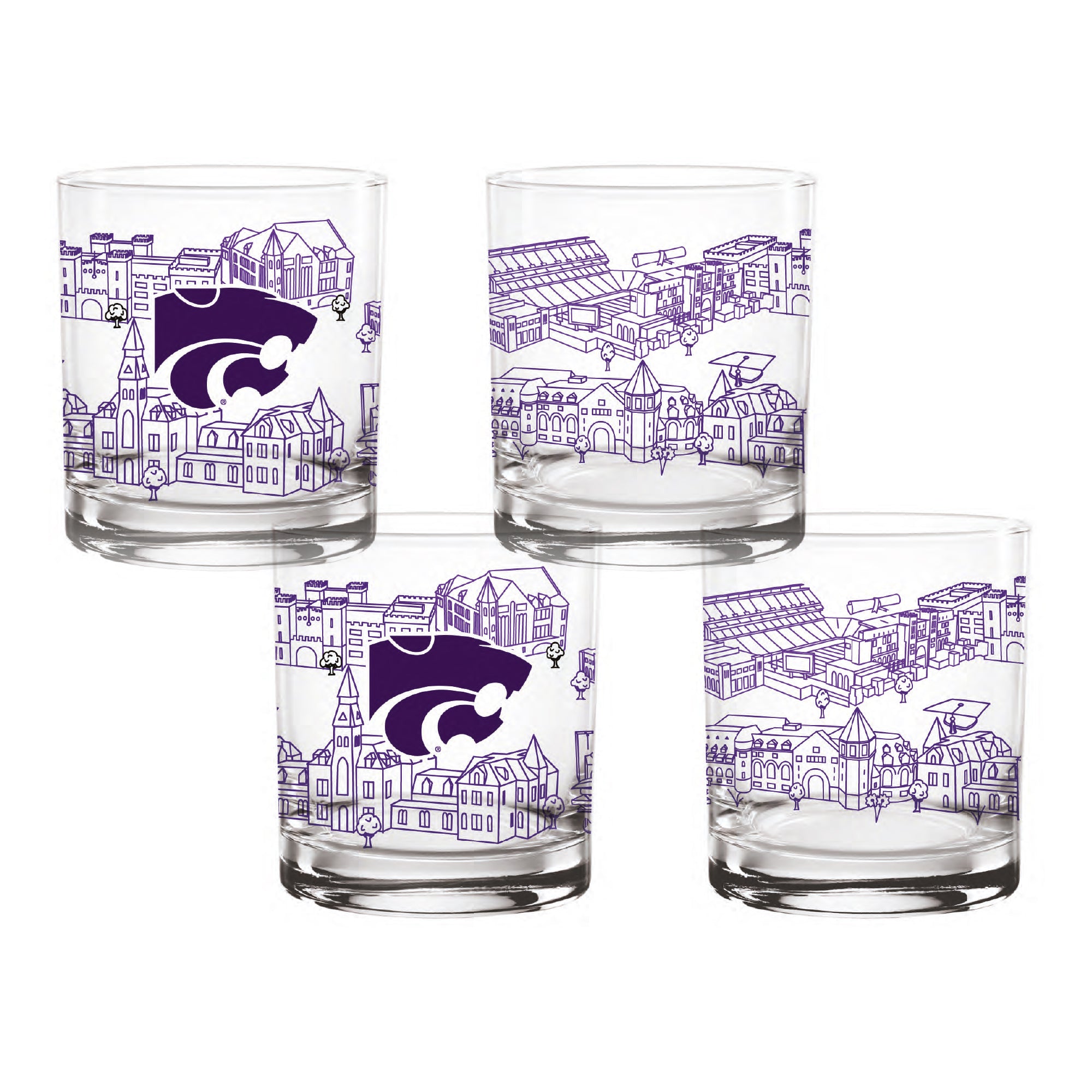 Set of 4 Kansas State Wildcats Campus Line Art 14oz Rocks Glasses