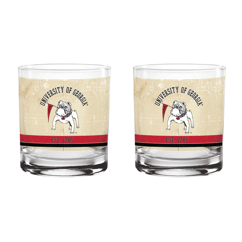 Georgia Bulldogs Set of 2 College Vault Tan Retro 14oz Rocks Glasses