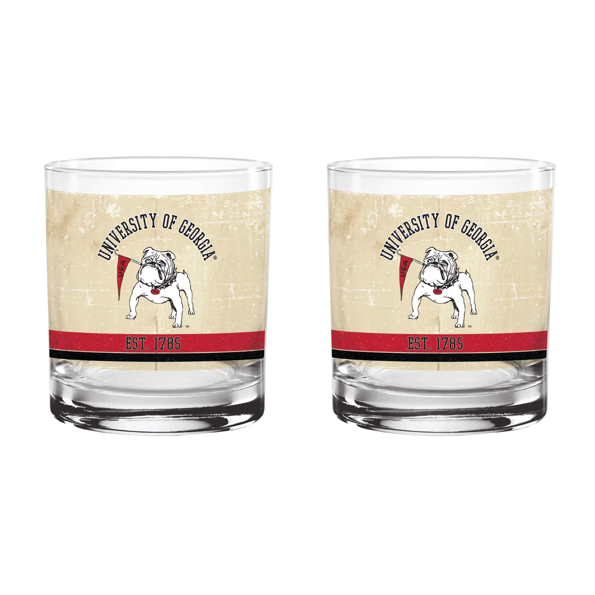 Georgia Bulldogs Set of 2 College Vault Tan Retro 14oz Rocks Glasses