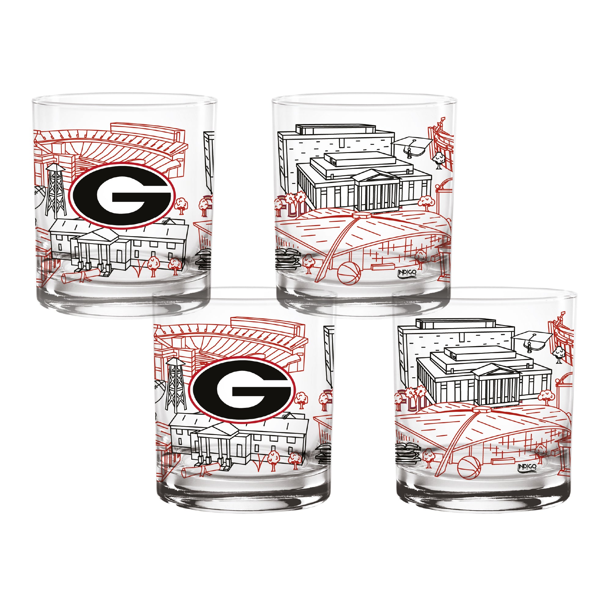 Set of 4 Georgia Bulldogs Campus Line Art 14oz Rocks Glasses