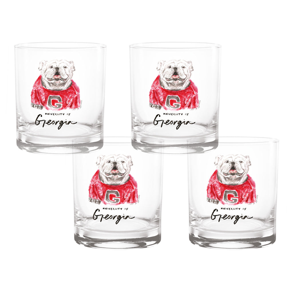 Set of 4 Georgia Bulldogs Mascot by Laura Wilcox 14oz Rocks Glasses