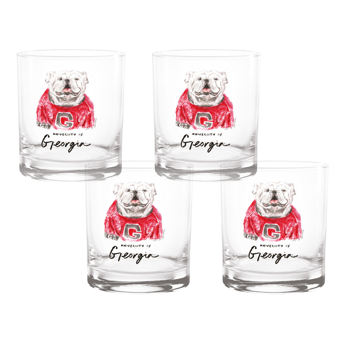 Set of 4 Georgia Bulldogs Mascot by Laura Wilcox 14oz Rocks Glasses