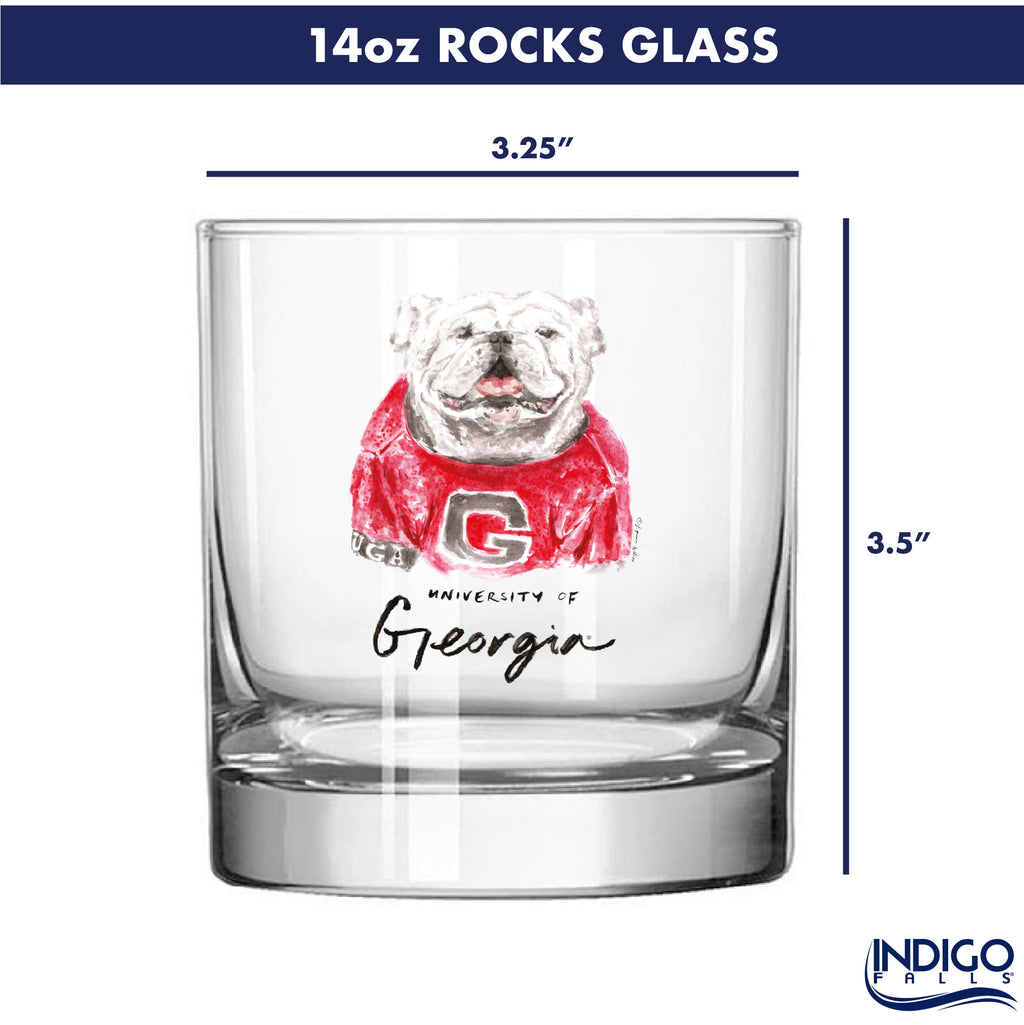 Set of 4 Georgia Bulldogs Mascot by Laura Wilcox 14oz Rocks Glasses