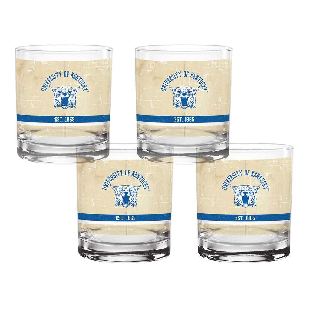 Set of 4 Kentucky Wildcats College Vault Tan Retro 14oz Rocks Glasses