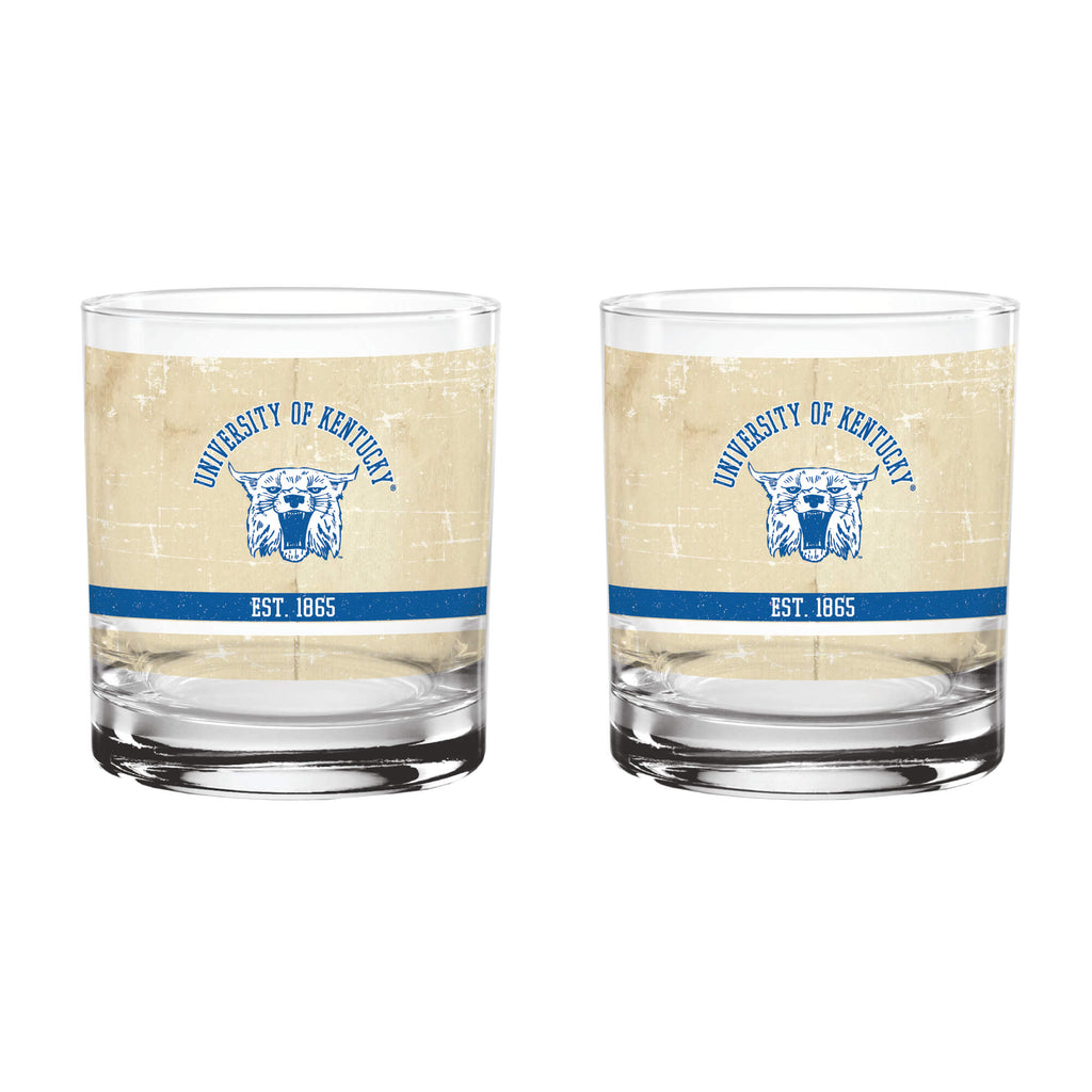 Kentucky Wildcats Set of 2 College Vault Tan Retro 14oz Rocks Glasses