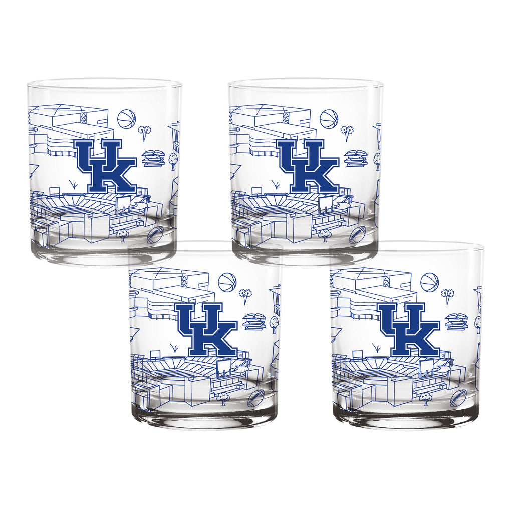Set of 4 Kentucky Wildcats Campus Line Art 14oz Rocks Glasses