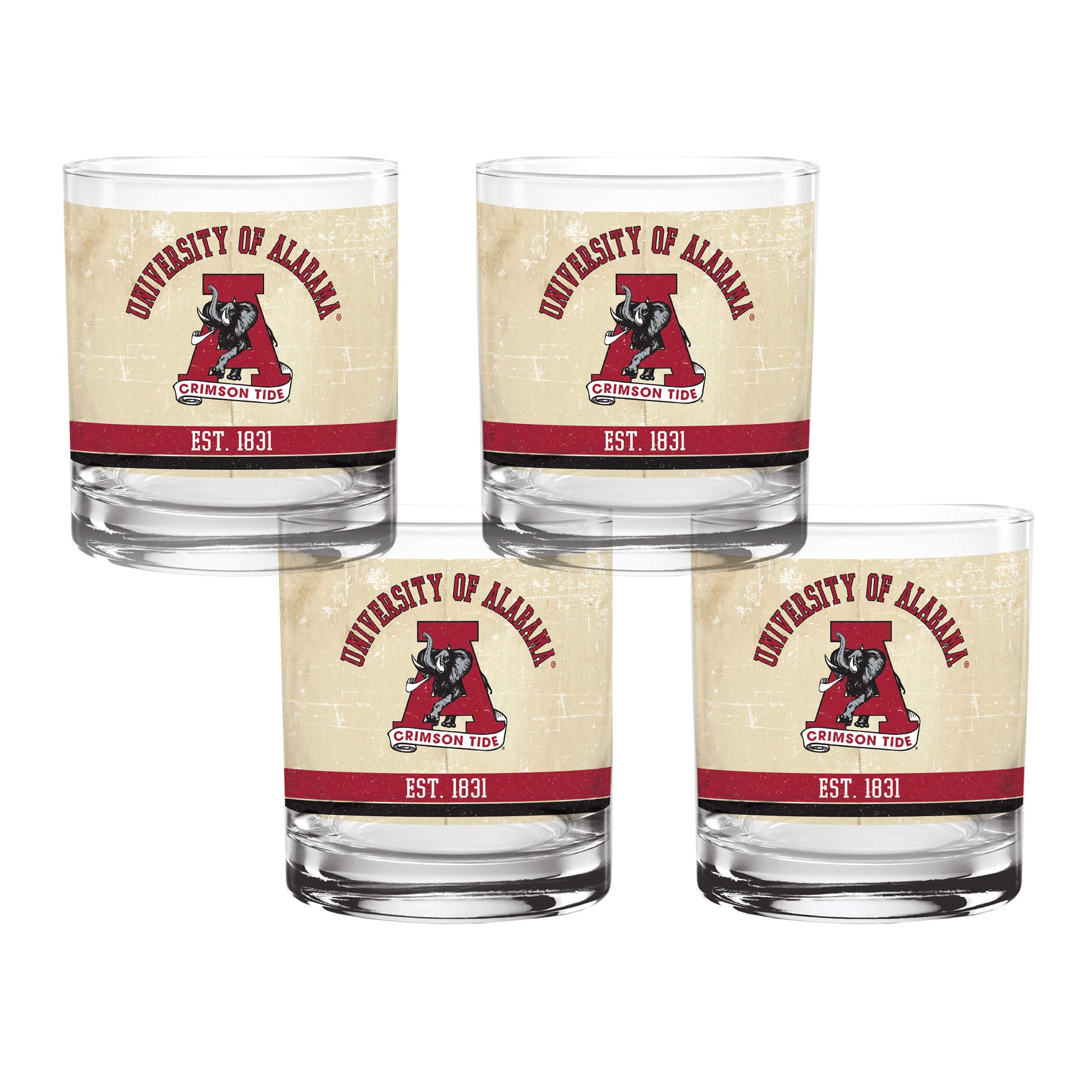 Set of 4 Alabama Crimson Tide College Vault Tan Retro 14oz Rocks Glasses