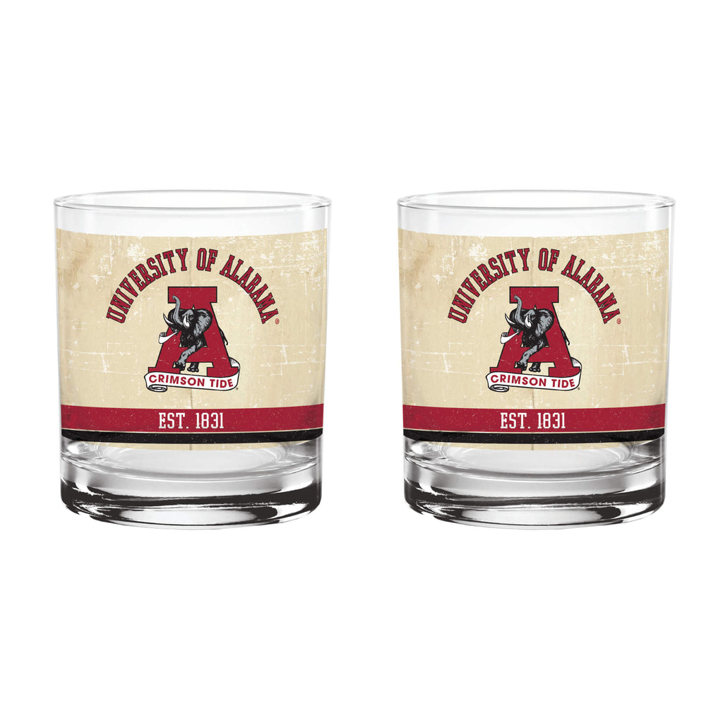 Alabama Crimson Tide Set of 2 College Vault Tan Retro 14oz Rocks Glasses